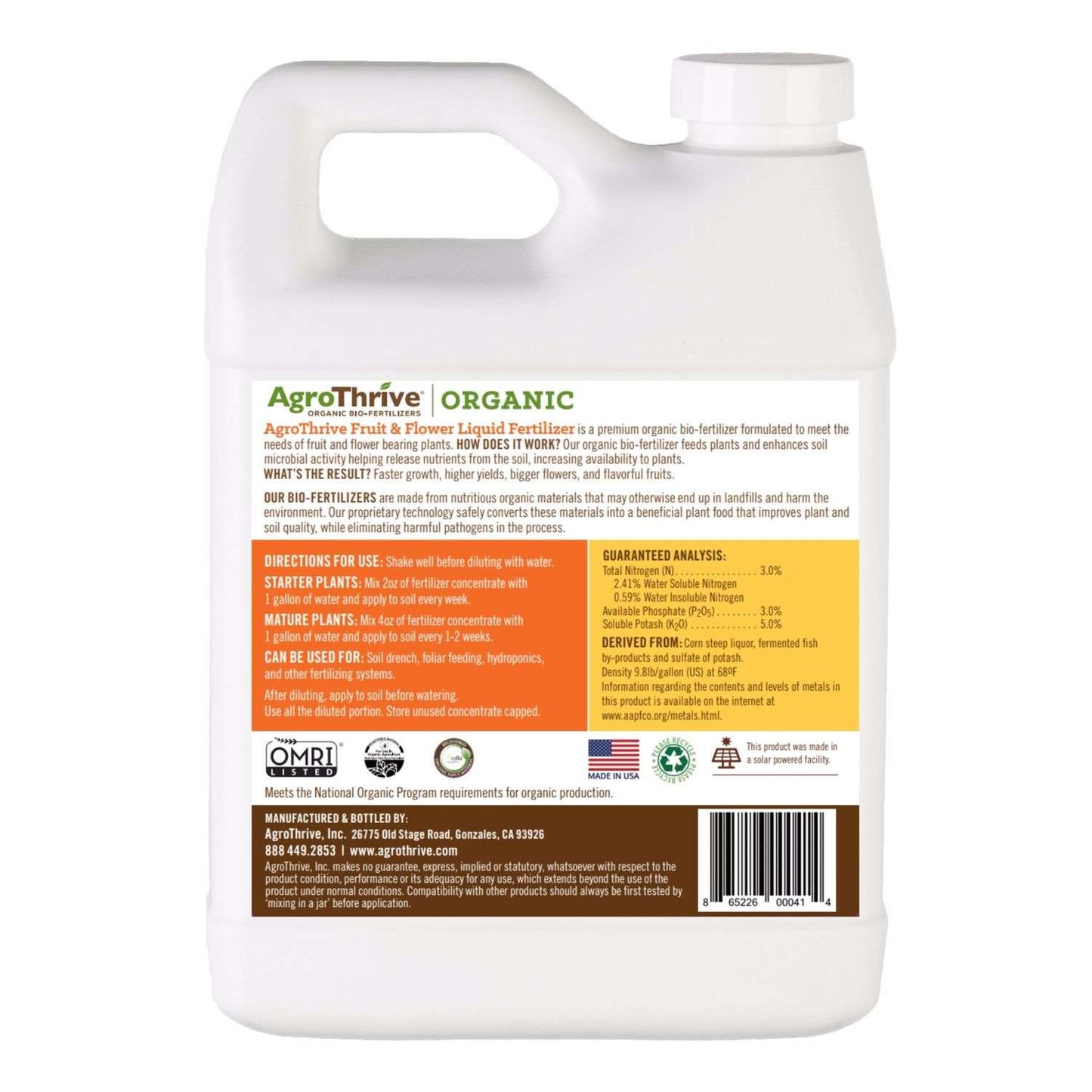 AgroThrive Organic Flowers/Fruits/Vegetables 3-3-5 Fertilizer 32 Oz