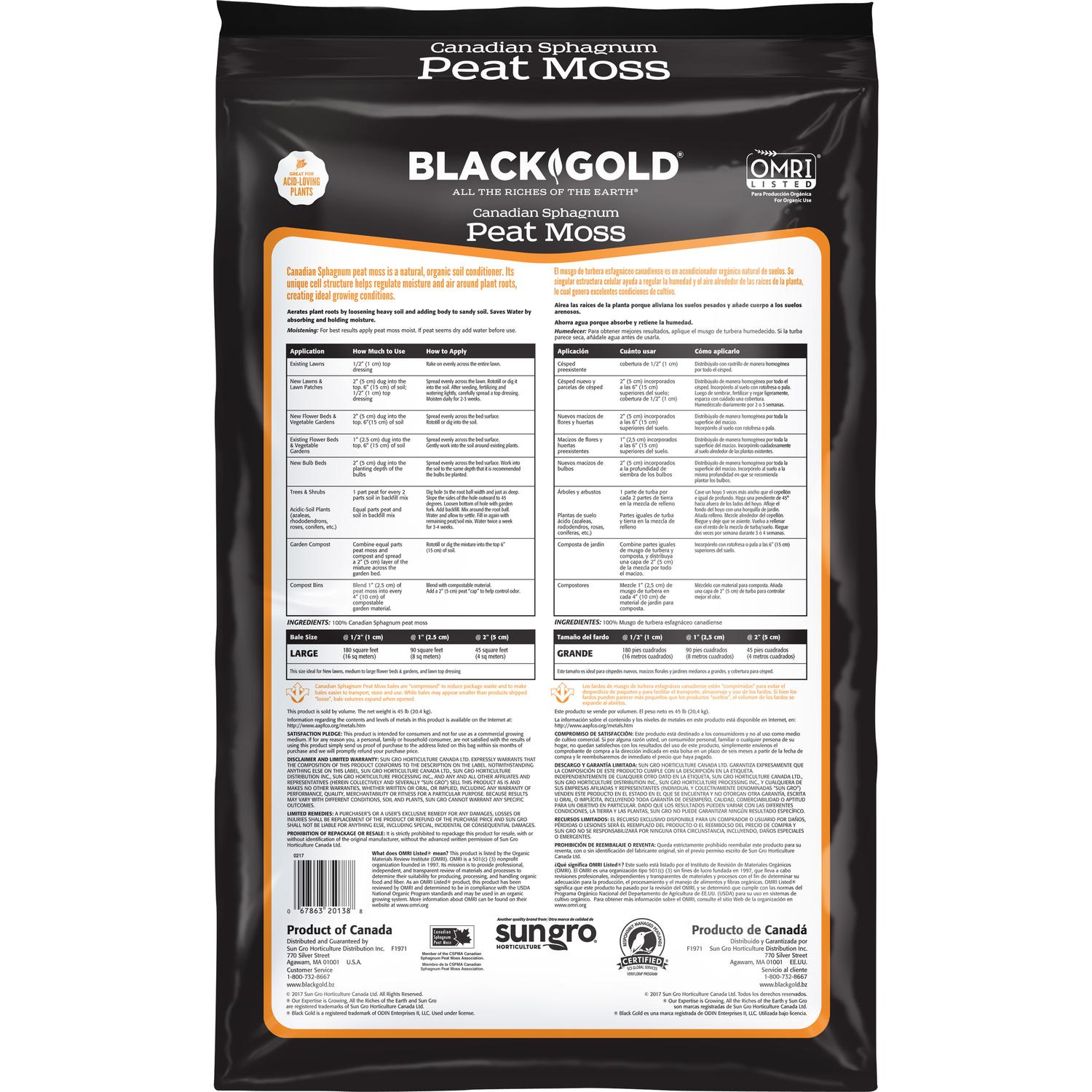  Black Gold Organic Canadian Sphagnum Peat Moss 3.8 Cu Ft