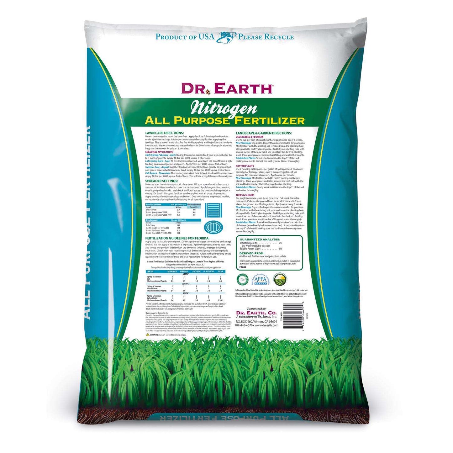  Dr. Earth Nitrogen Slow-Release Nitrogen Lawn Fertilizer For All Grasses 2000 Sq Ft