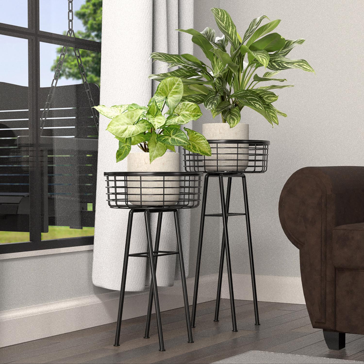  Panacea 20 In. H Black Metal Wire Basket Plant Stand