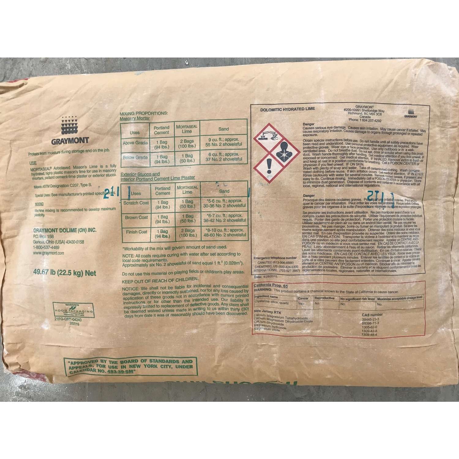  Graymont Mortaseal Hydrated Lime 50 Lb