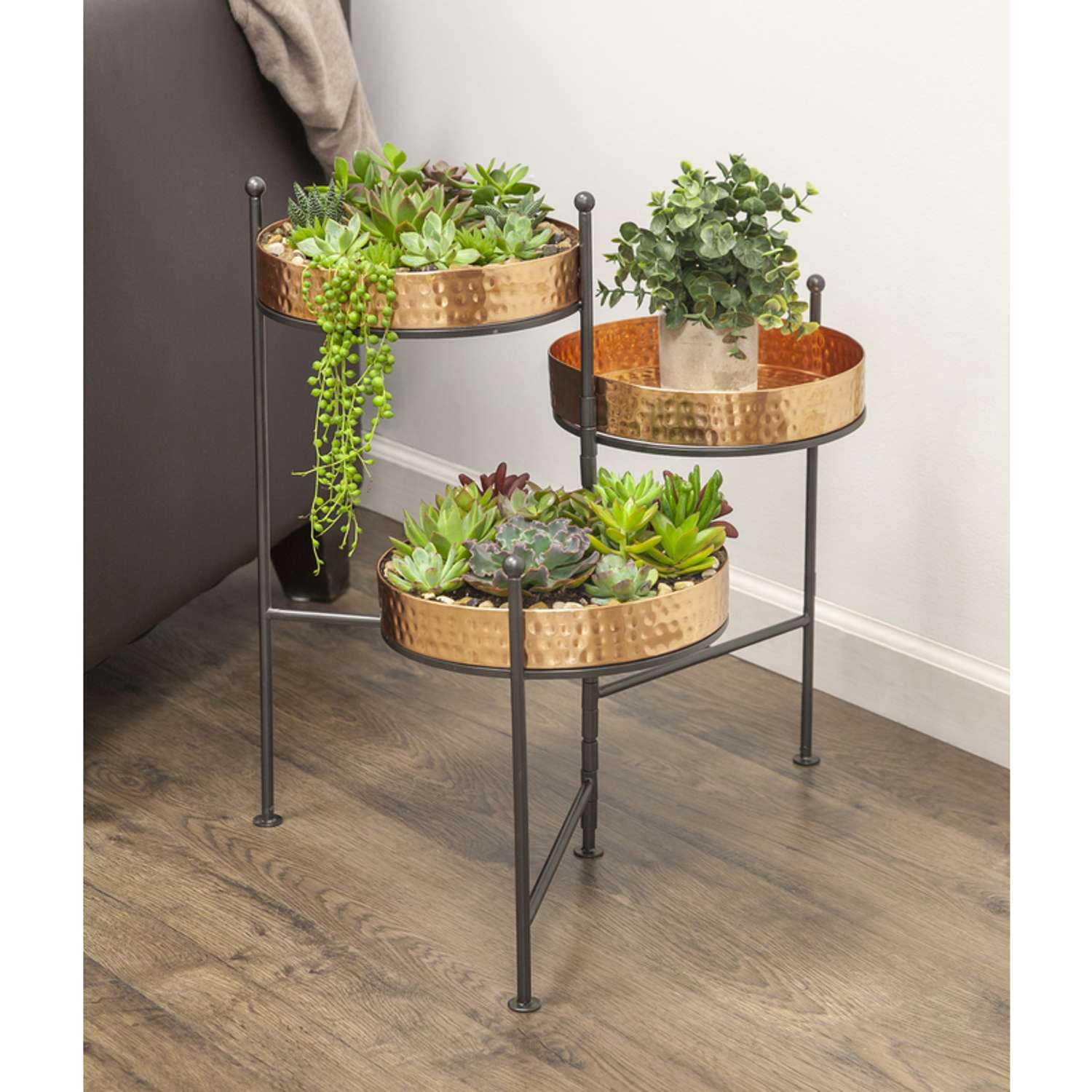  Panacea 20.5 In. H X 21.25 In. W X 16.25 In. D Metal 3 Tiered Planter With Stand Copper