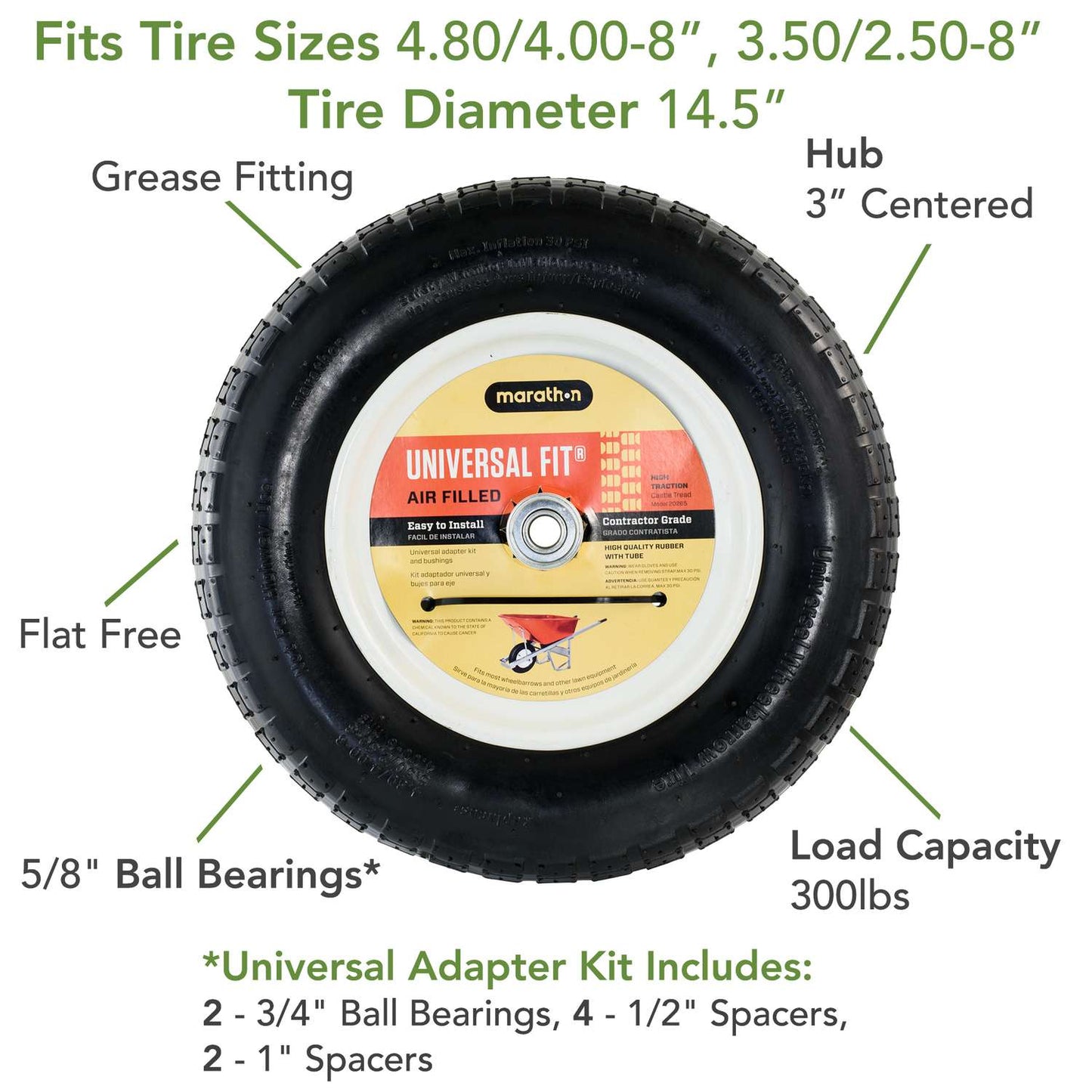  Marathon Universal Fit 8 In. D X 14.5 In. D 300 Lb. Cap. Centered Wheelbarrow Tire Polyurethane 1 Pk