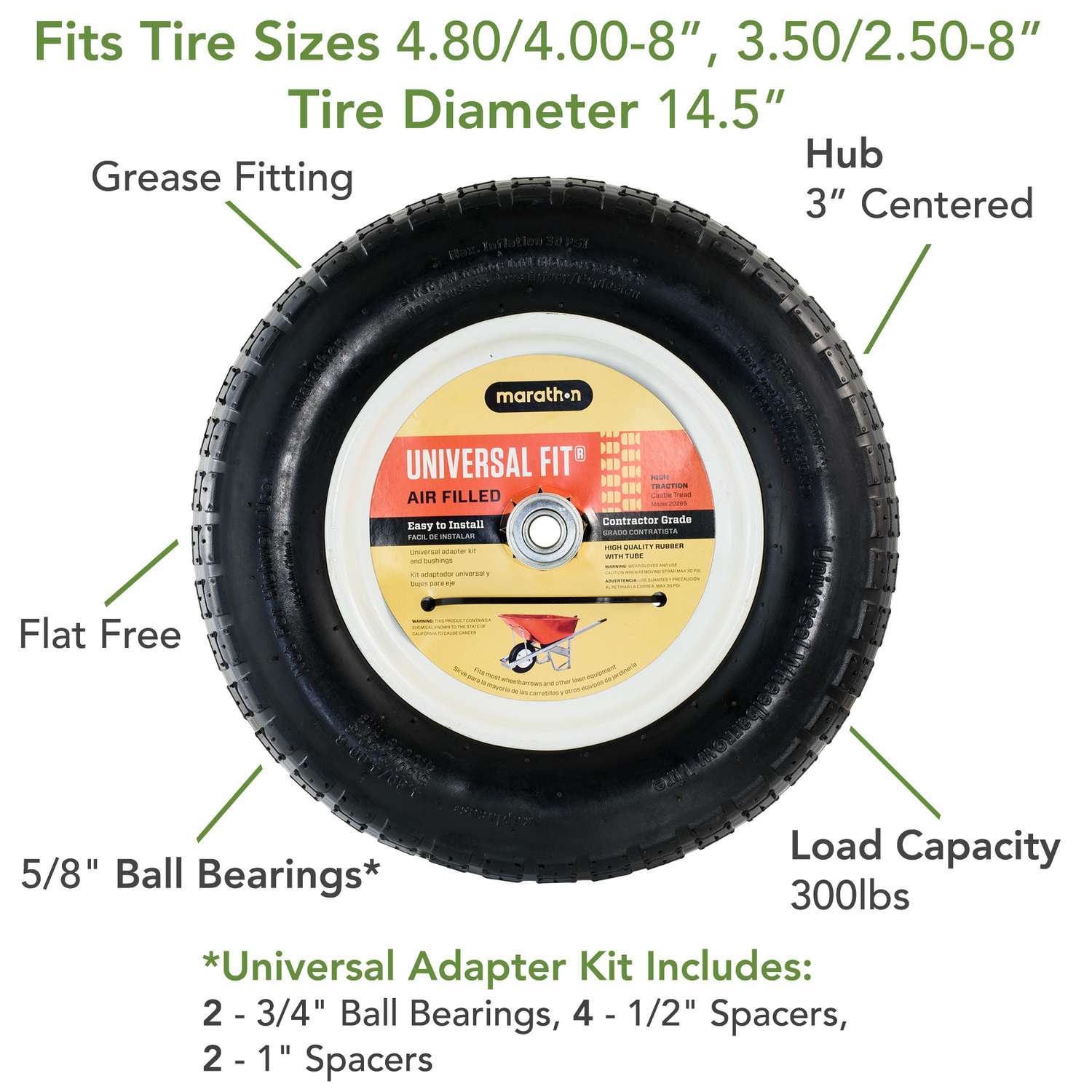  Marathon Universal Fit 8 In. D X 14.5 In. D 300 Lb. Cap. Centered Wheelbarrow Tire Polyurethane 1 Pk