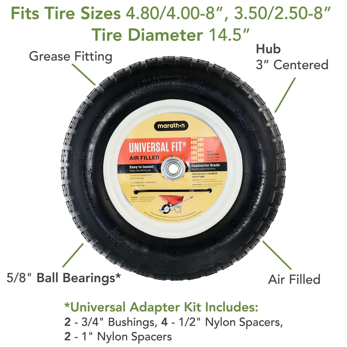  Marathon Universal Fit 8 In. D X 14.5 In. D 300 Lb. Cap. Centered Wheelbarrow Tire Rubber 1 Pk