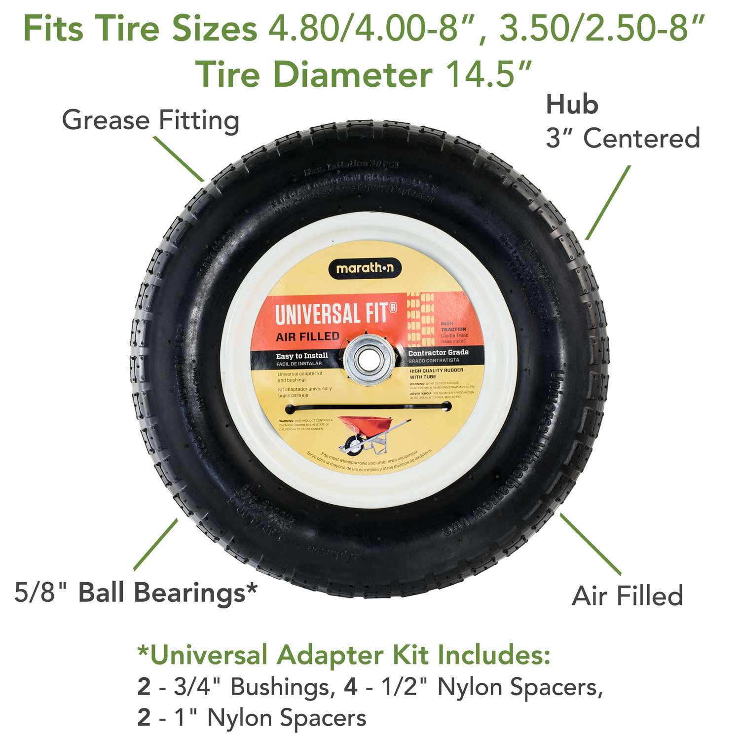  Marathon Universal Fit 8 In. D X 14.5 In. D 300 Lb. Cap. Centered Wheelbarrow Tire Rubber 1 Pk