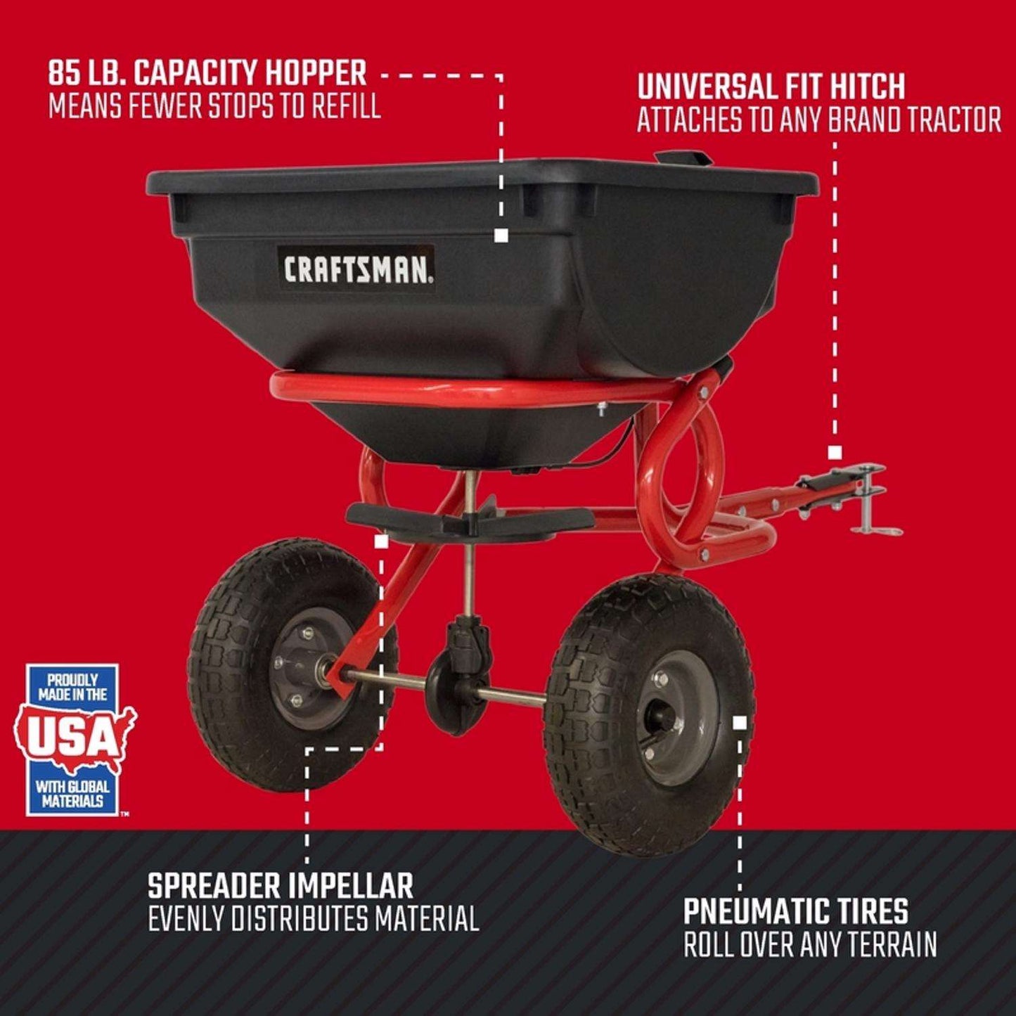  Craftsman Broadcast Tow Behind Seeder/Spreader For Fertilizer/Ice Melt/Seed 85 Lb