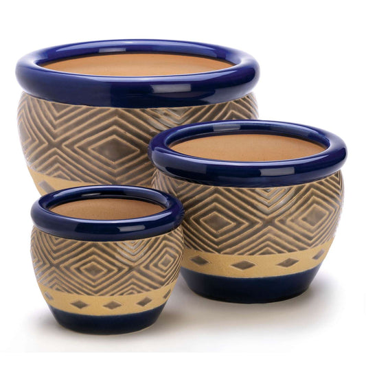  Summerfield Terrace Blue Trim Ceramic 3 Assorted Size Round Planter Set