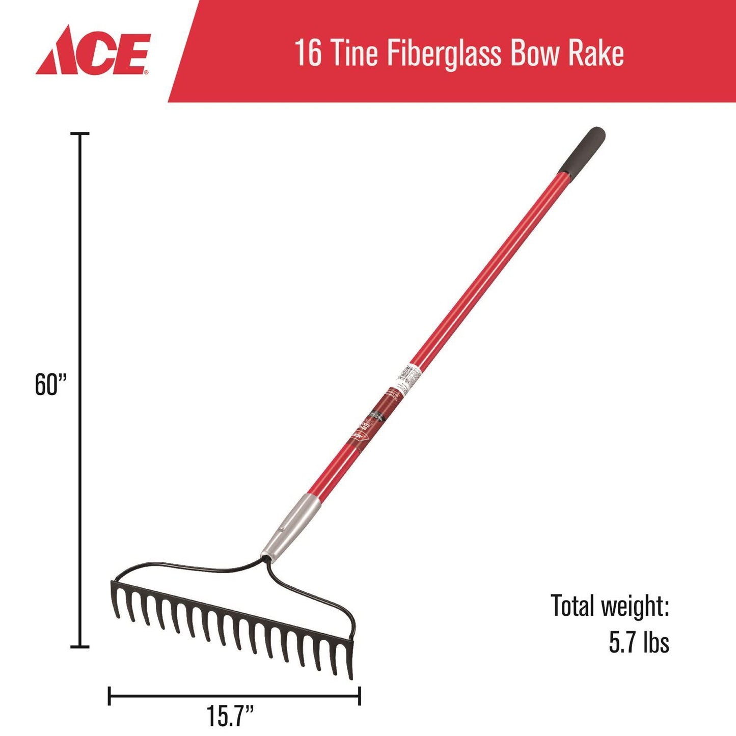 Ace 57 In. 16 Tine Steel Bow Rake Fiberglass Handle