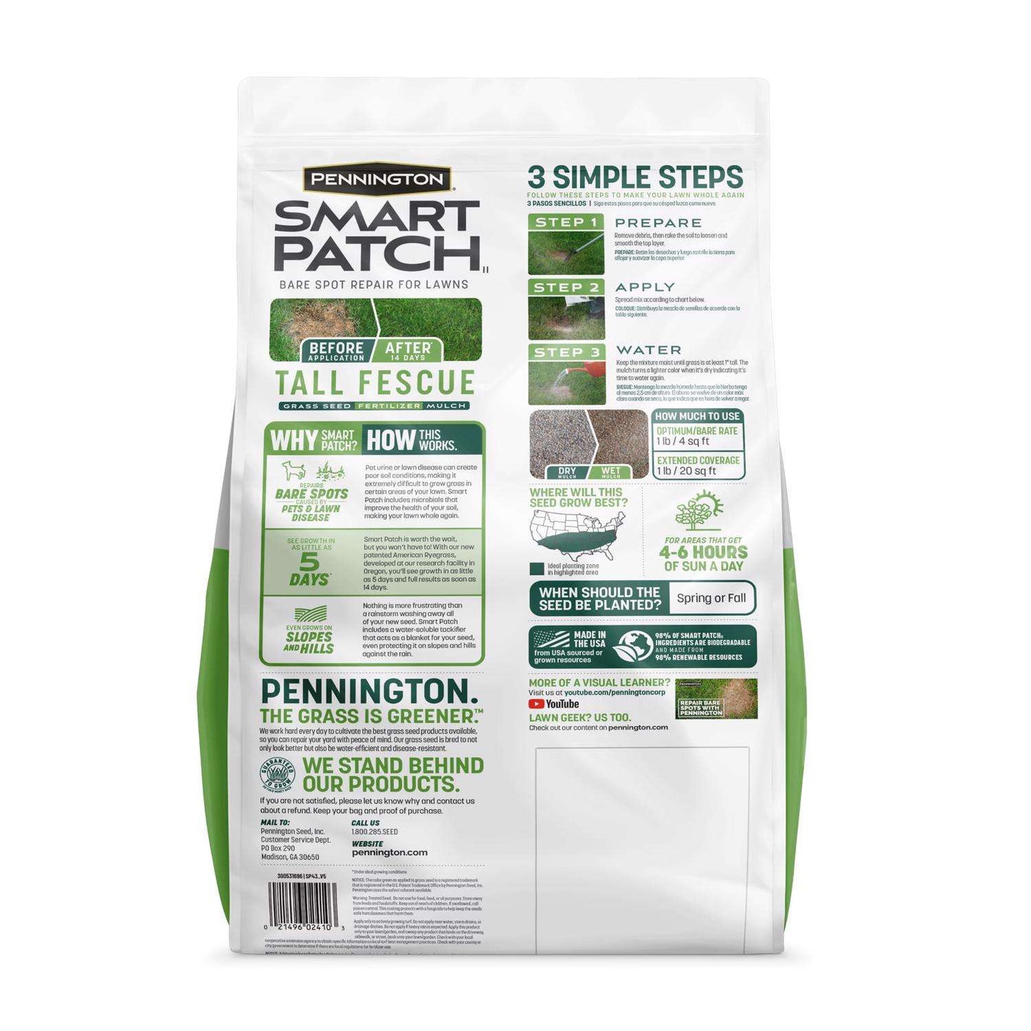  Pennington Smart Patch Tall Fescue Grass Sun Or Shade Seed/Fertilizer/Mulch Repair Kit 10 Lb