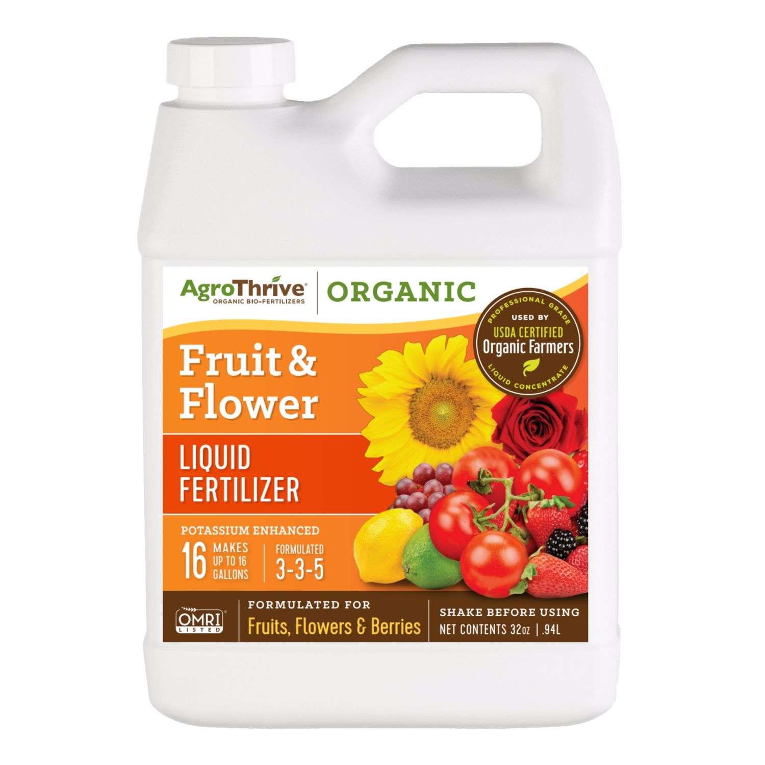  AgroThrive Organic Flowers/Fruits/Vegetables 3-3-5 Fertilizer 32 Oz