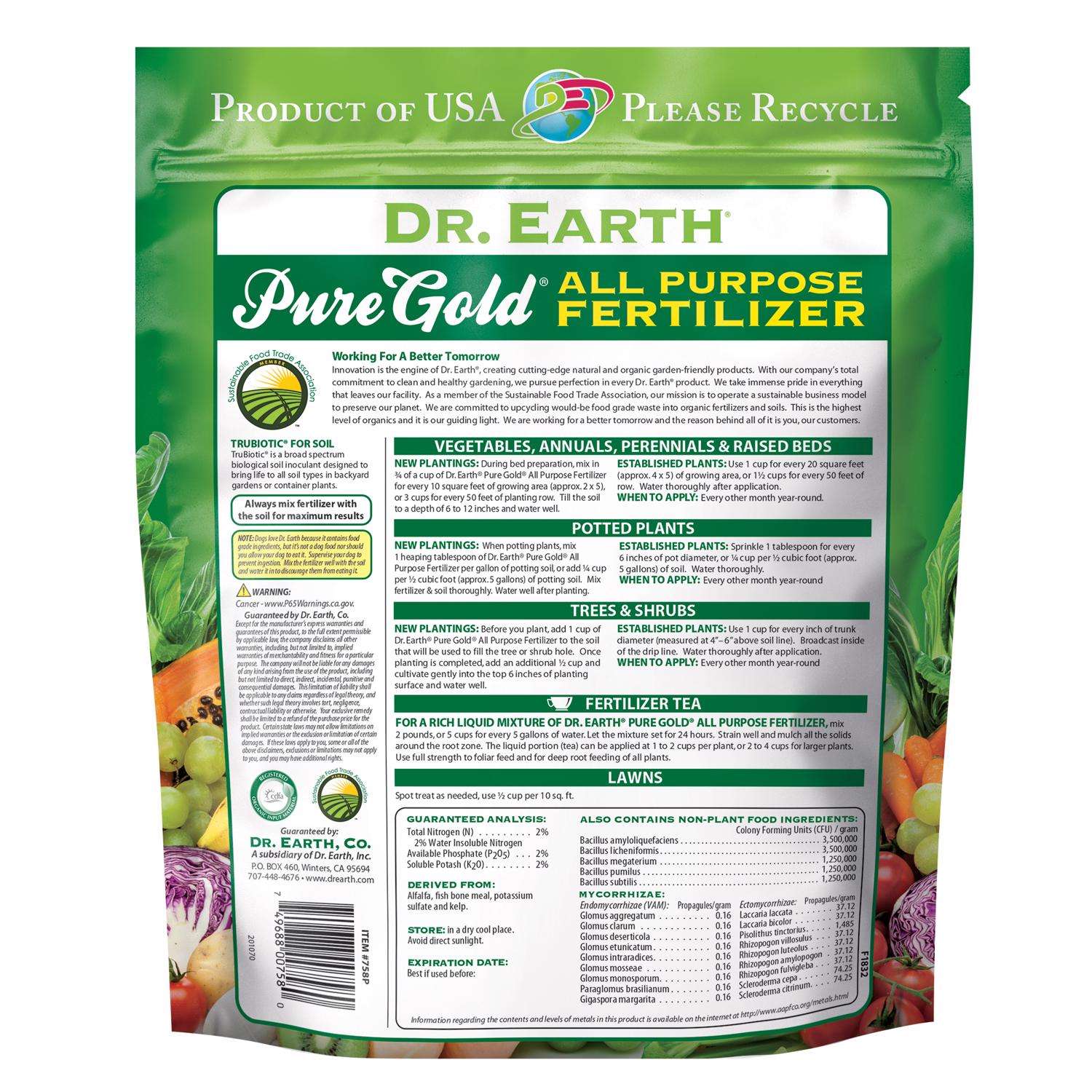  Dr. Earth Pure Gold Organic Fruits/Vegetables 2-2-2 Fertilizer 3 Lb