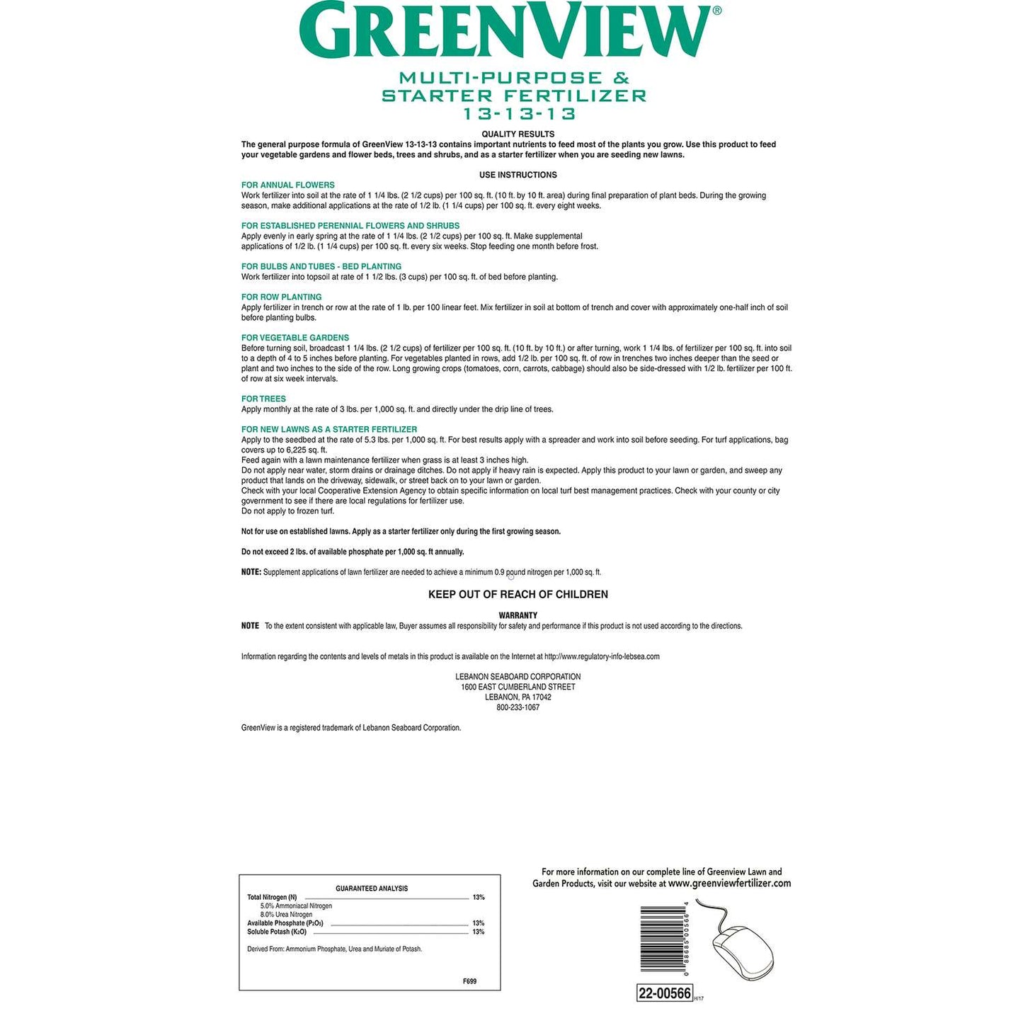  GreenView Fruits/Vegetables 13-13-13 Fertilizer 33 Lb