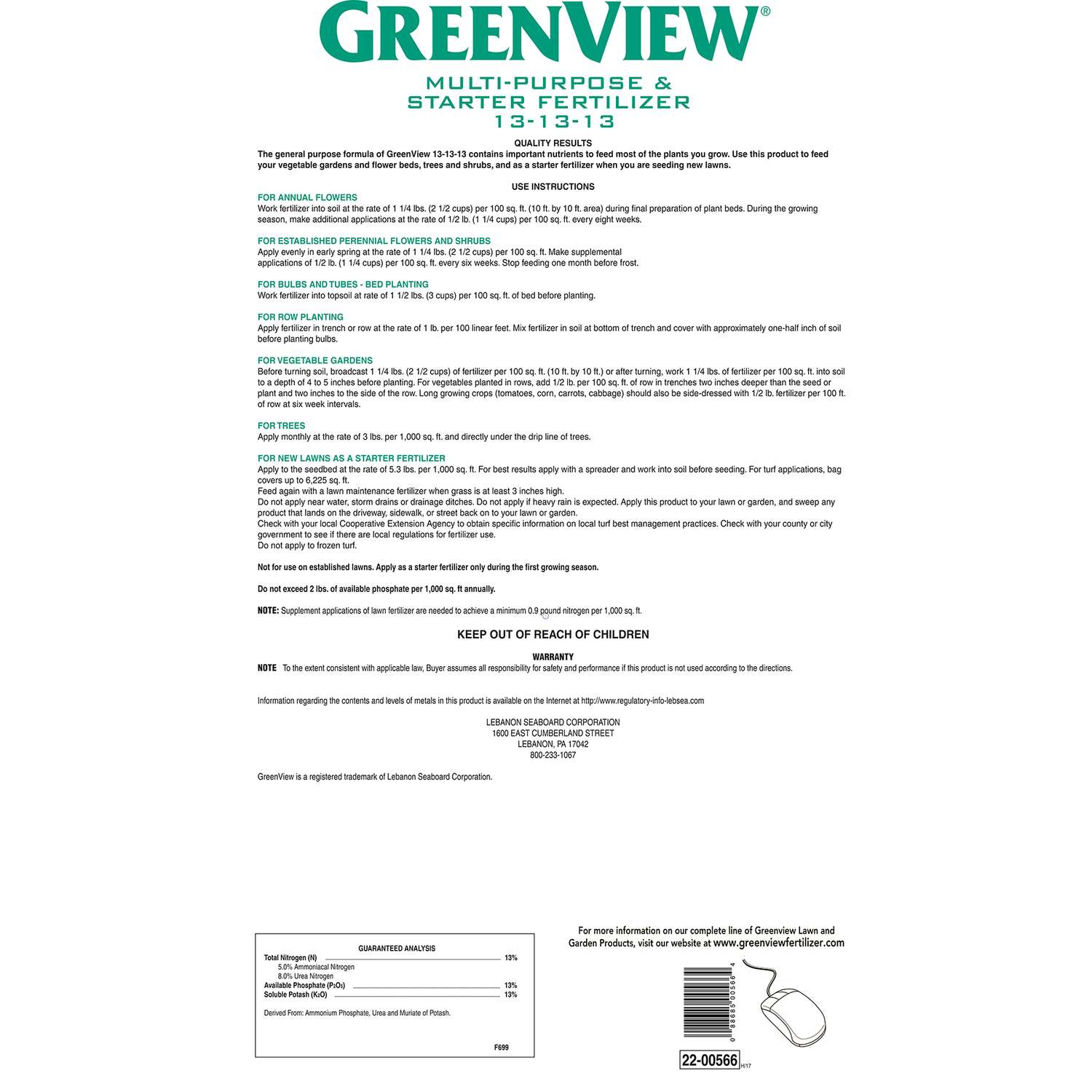  GreenView Fruits/Vegetables 13-13-13 Fertilizer 33 Lb