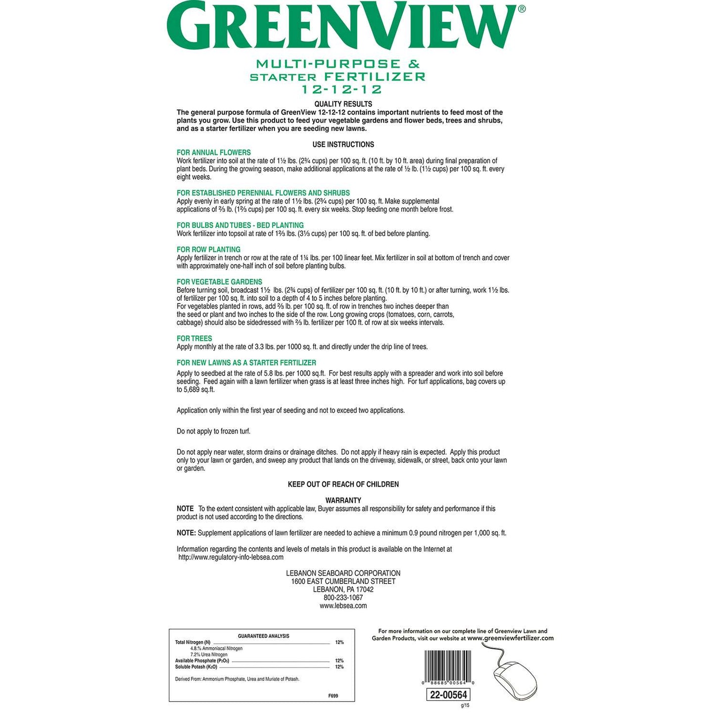  GreenView Fruits/Vegetables 12-12-12 Fertilizer 33 Lb