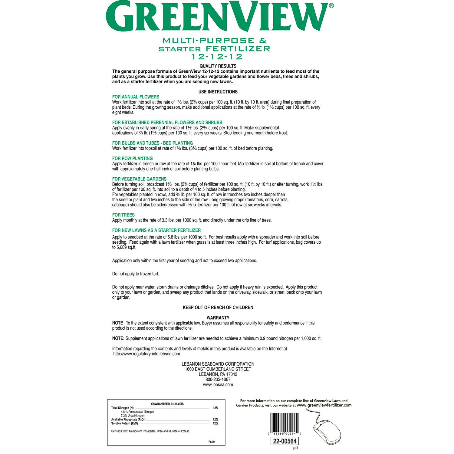  GreenView Fruits/Vegetables 12-12-12 Fertilizer 33 Lb