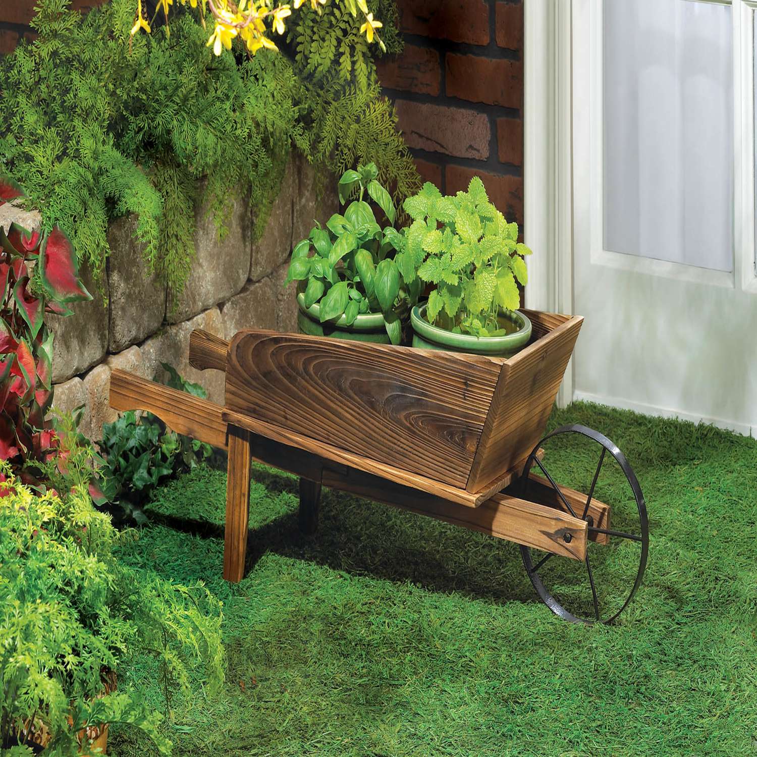 Summerfield Terrace Wheel Barrow 11.25 In. H Brown Wood Plant Stand