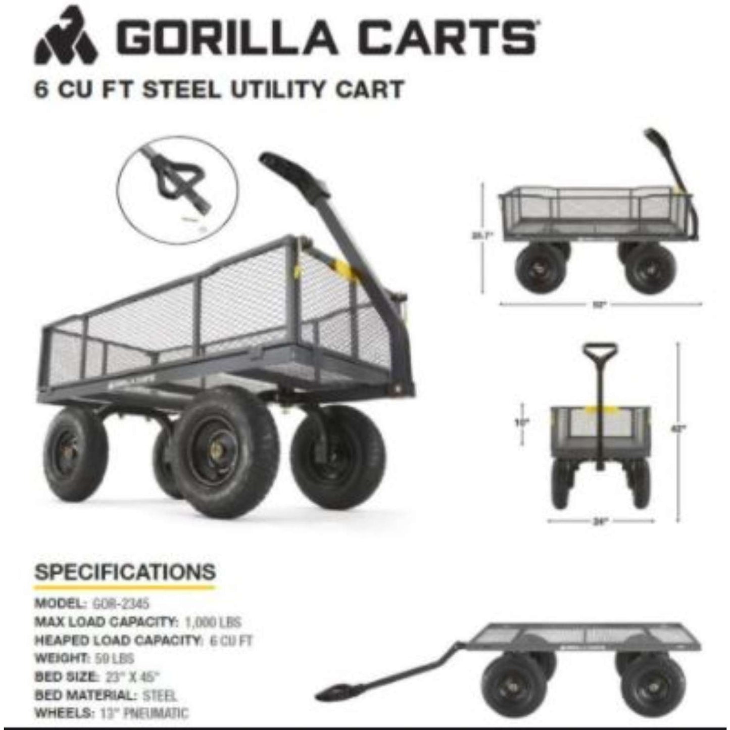  Gorilla Carts Steel Utility Cart 1000 Lb. Cap.
