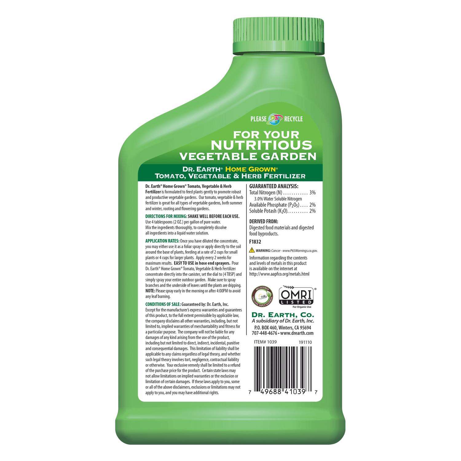  Dr. Earth Home Grown Organic Fruits/Vegetables 3-2-2 Plant Fertilizer 24 Oz